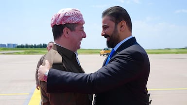 Iraqi Prime Minister's Designate Ali Al Zaidi, right, is received at Erbil in the Kurdistan Region of Iraq by Prime Minister Masrour Barzani. @IraqiPMO/X