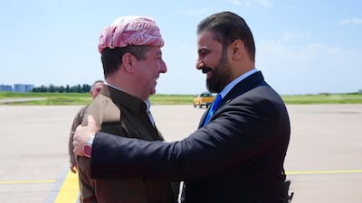 Iraqi prime minister-designate Ali Al Zaidi, right, is received at Erbil in the Kurdistan Region of Iraq by Prime Minister Masrour Barzani. @IraqiPMO/X