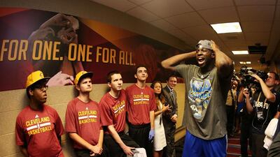 Draymond Green #23 of the Golden State Warriors celebrates their win over the Cleveland Cavaliers in Game Six of the 2015 NBA Finals at Quicken Loans Arena on June 16, 2015 in Cleveland, Ohio. Ezra Shaw/Getty Images