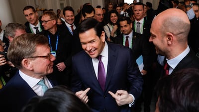 From left, German Foreign Minister Johann Wadephul, US Secretary of State Marco Rubio and French Foreign Minister Jean-Noel Barrot chat at the 62nd Munich Security Conference. EPA