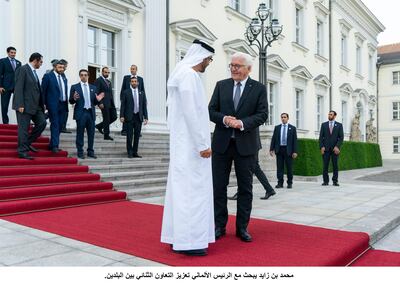 Frank-Walter Steinmeier, president of Germany, bids farewell to Sheikh Mohamed bin Zayed, Crown Prince of Abu Dhabi and Deputy Supreme Commander of the UAE Armed Forces, after a meeting at the Bellevue Palace. Ministry of Presidential Affairs