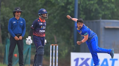Aayan Khan bowling for the UAE against Nepal