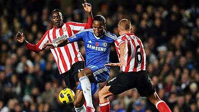Didier Drogba, centre, the Chelsea striker, was given very little space by the Sunderland defence during yesterday’s 3-0 defeat at Stamford Bridge by the Wearsiders.