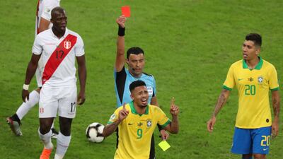 Gabriel Jesus is sent off for Brazil. AP Photo