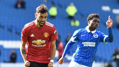 Manchester United's Bruno Fernandes celebrates scoring their third goal against Brighton at the American Express Community Stadium. Reuters