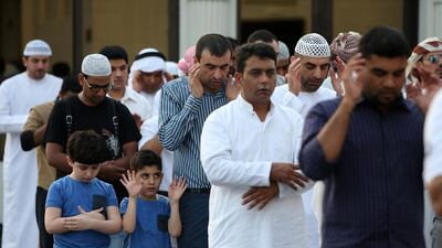 Worshippers gathered at the Al Farooq Omar bin Al Khattab Mosque in Jumeirah in Dubai on the first day of Eid Al Fitr. Pawan Singh / The National