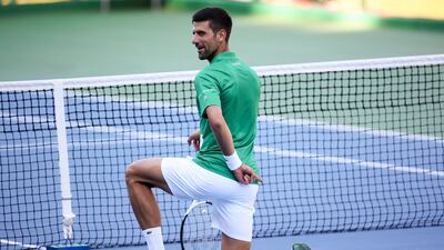 Serbia's Novak Djokovic gestures while playing a doubles exhibition match in Visoko, Bosnia. AP Photo