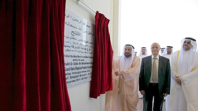 Dr Sheikh Sultan bin Mohammed Al Qasimi, Ruler of Sharjah, unveils a plaque at the official opening of the Sharjah University campus in Al Dhaid. Wam