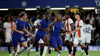 Chelsea's Raheem Sterling celebrates after scoring against Luton Town at Stamford Bridge. Getty