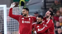 Mohamed Salah, centre, celebrates scoring during Liverpool's FA Cup win over Wolves last weekend. PA