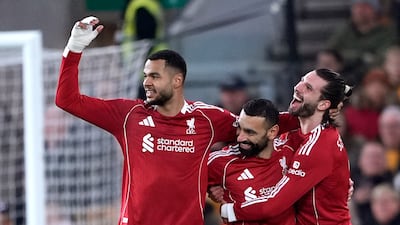 Mohamed Salah, centre, celebrates scoring during Liverpool's FA Cup win over Wolves last weekend. PA