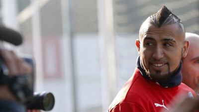Chile and Juventus player Arturo Vidal shown on Thursday at a national team training session ahead of the Copa America semi-final on Monday against Peru. Kiko Huesca / EPA / June 25, 2015