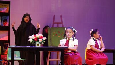Competition winners from Al Firfar Elementary school perform during the eighth edition of Fujairah School Theatre Festival. Satish Kumar / The National