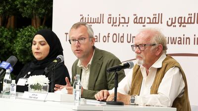 Peter Hellyer with Rania Hussein, head of the Archaeology Department at UAE University, and Associate Professor of Archaeology Dr Timothy Power in 2022. Pawan Singh / The National
