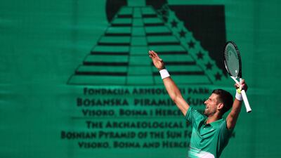 Serbia's Novak Djokovic reacts while playing an exhibition match against Croatia's Ivan Dodig in Visoko, Bosnia. AP Photo