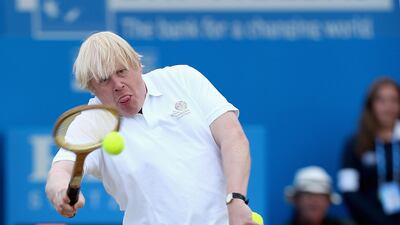 Boris Johnson in action at the AEGON Championships at Queens Club in 2013. Getty Images