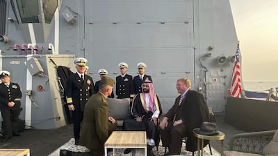 Saudi Arabia’s ambassador to Bahrain Prince Sultan bin Ahmed bin Abdul Aziz and Halle Delano, grandson of former US President, Franklin D Roosevelt, during a commemoration service for US-Saudi relations.