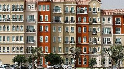 View of the residential buildings at Discovery Gardens in Dubai.