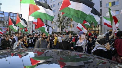A protest takes place in Berlin in opposition to Israeli actions in Gaza. Anadolu via Getty Images