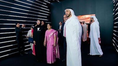 Sheikh Abdullah bin Zayed, Minister of Foreign Affairs and International Co-operation and Sushma Swaraj, the Indian external affairs minister marvel at the exhibition dedicated to two pivotal figures in UAE and Indian history. Courtesy MOFAIC
