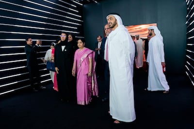 Sheikh Abdullah bin Zayed, Minister of Foreign Affairs and International Co-operation and Sushma Swaraj, the Indian external affairs minister marvel at the exhibition dedicated to two pivotal figures in UAE and Indian history. Courtesy MOFAIC