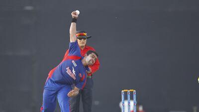 Umar Akmal bowls for Grand Midwest on Thursday against Yogi Group in the Bukhatir Cricket League in Sharjah. Jeffrey E Biteng / The National / June 26, 2014