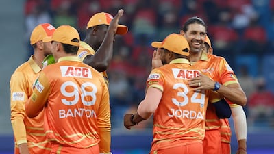 David Wiese of Gulf Giants celebrates the wicket of Rohan Mustafa.