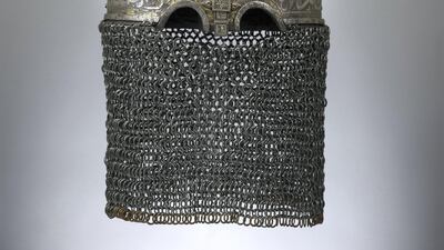 A steell Turban helmet with silver inlays from Aq-Qoyunlu or Ottoman Turkey. Courtesy Department of Culture and Tourism - Abu Dhabi / Thierry Ollivier