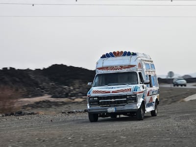 An ice cream van next to the lava fields on the way to AlUla. Photo: Katy Gillett for The National