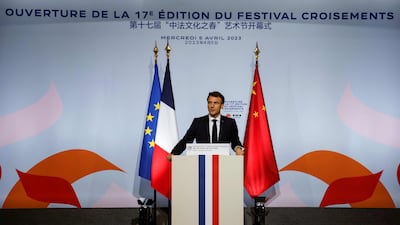 Emmanuel Macron delivers a speech at the Red Brick Art Museum in Beijing. AFP