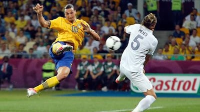 Zlatan Ibrahimovic with a spectacular shot on goal for Sweden during Euro 2012