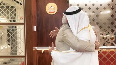 ABU DHABI, UNITED ARAB EMIRATES - February 10, 2018: HH Sheikh Mohamed bin Zayed Al Nahyan Crown Prince of Abu Dhabi Deputy Supreme Commander of the UAE Armed Forces (R), receives HE Narendra Modi Prime Minister of India (L), at the Presidential Airport. ( Rashed Al Mansoori / Crown Prince Court - Abu Dhabi ) ---