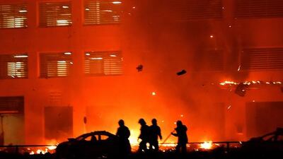 Fire engulfs a residential tower in Ajman on March 29. AFP