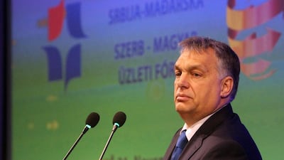 Hungarian prime minister Viktor Orban speaks during the Serbian-Hungarian business forum in Nis, Serbia. Djordje Savic /EPA