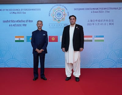 Indian Foreign Minister Subrahmanyam Jaishankar, left, poses for a photo with Pakistan's Foreign Minister Bilawal Bhutto-Zardari during a Shanghai Co-operation Organisation meeting in Goa, India. EPA
