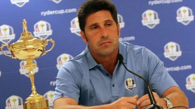 Jose Maria Olazabal, the European Ryder Cup captain, speaks at a news conference held in Abu Dhabi yesterday.
