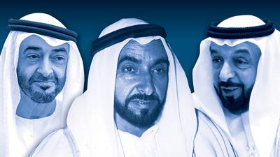 The UAE's presidents: Sheikh Zayed bin Sultan Al Nahyan (C), Sheikh Khalifa bin Zayed Al Nahyan (R), and President Sheikh Mohamed bin Zayed Al Nahyan (L). WAM and Getty