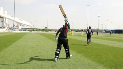 Ashfaq Ahmed of the UAE comes out to bat in the match between the UAE and Australia in a T20 international October 22, 2018 at Zayed Cricket Stadium's Tolerance oval. Chris Whiteoak / The National