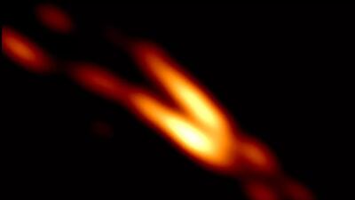 A powerful jet emerging from a supermassive black hole has been captured by the Event Horizon Telescope. Courtesy Nature Astronomy