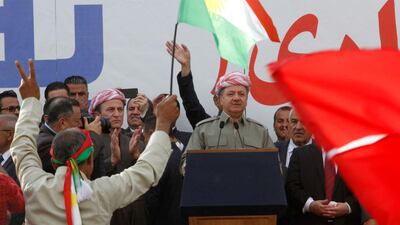 Iraqi Kurdish president Masoud Barzani speaks to supporters during a referendum rally in Sulaimania, Iraq. Ako Rasheed / Reuters / September 20