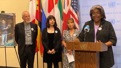 US ambassador to the UN Linda Thomas-Greenfield speaks alongside the family of Evan Gershkovich. Reuters