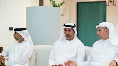 Khaldoon Khalifa Al Mubarak, Abu Dhabi Executive Council Member Chairman of the Executive Affairs Authority and Managing Director Group CEO of Mubadala Investment Company, Mohamed Mubarak Al Mazrouei, UAE Minister of State for Defence Affairs and Suhail bin Mohamed Al Mazrouei, UAE Minister of Energy and Infrastructure, attend a meeting with Mr Prabowo at Al Shati Palace. Photo: Abdulla Al Bedwawi / UAE Presidential Court