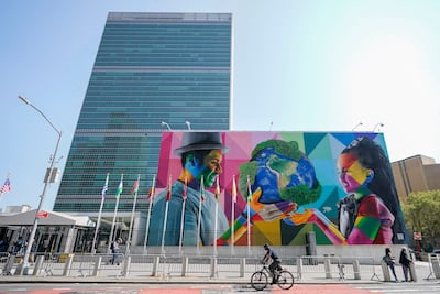 A mural by Brazilian artist Eduardo Kobra, focusing attention on climate change and stewardship of the planet, outside the United Nations headquarters ahead of the General Assembly on, September 16. AP