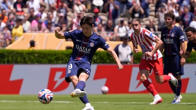 Paris Saint-Germain's Lee Kang-in slots home a penalty to make it 4-0 against Atletico Madrid. AP