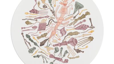 In circular canvasses, disjointed mechanical parts swirl with cellular grace, as if seen through a microscope