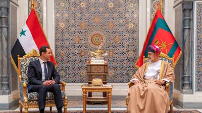 Sultan Haitham of Oman receives Syrian President Bashar Al Assad at Al Baraka Palace in Muscat. Photo: Oman News Agency