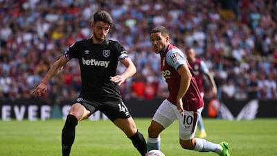 Declan Rice of West Ham United battles for possession with Emi Buendia of Aston Villa. Getty Images