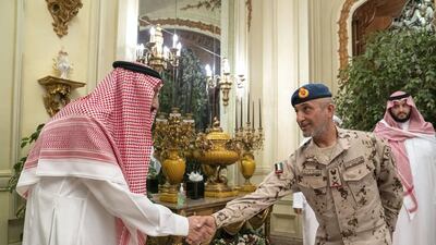 Major General Essa Saif Al Mazrouei, Deputy Chief of Staff of the UAE Armed Forces, greets HM King Salman