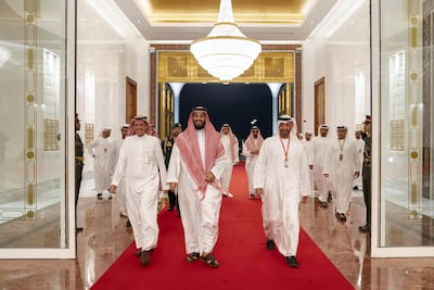 Sheikh Mohamed bin Zayed, Crown Prince of Abu Dhabi and Deputy Supreme Commander of the Armed Forces, bids farewell to Saudi Crown Prince Mohammed bin Salman at the Presidential Airport. Seen with Turki Al Dakhil, Saudi Arabia's Ambassador to the UAE. Mohamed Al Hammadi / Ministry of Presidential Affairs