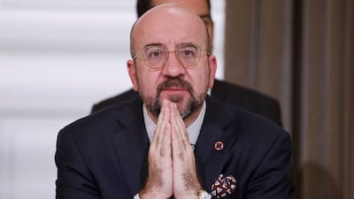 Charles Michel, President of the European Council, attends a meeting at the Elysee Palace in Paris. AP